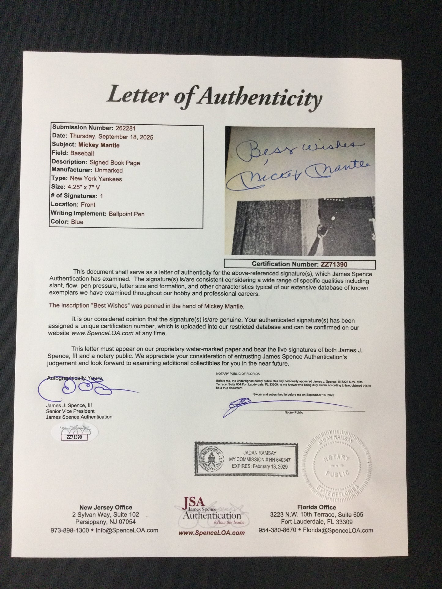 Mickey Mantle SIGNED Book Page "Best Wishes" Bold Autograph JSA LOA New York Yankees