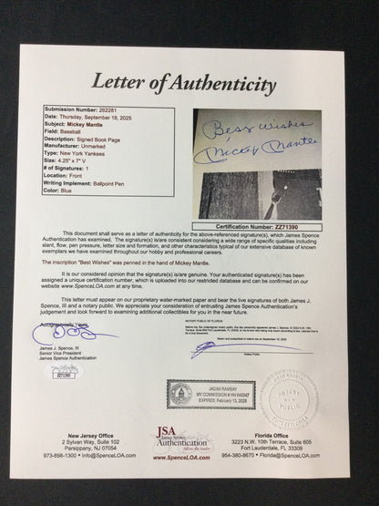 Mickey Mantle SIGNED Book Page "Best Wishes" Bold Autograph JSA LOA New York Yankees