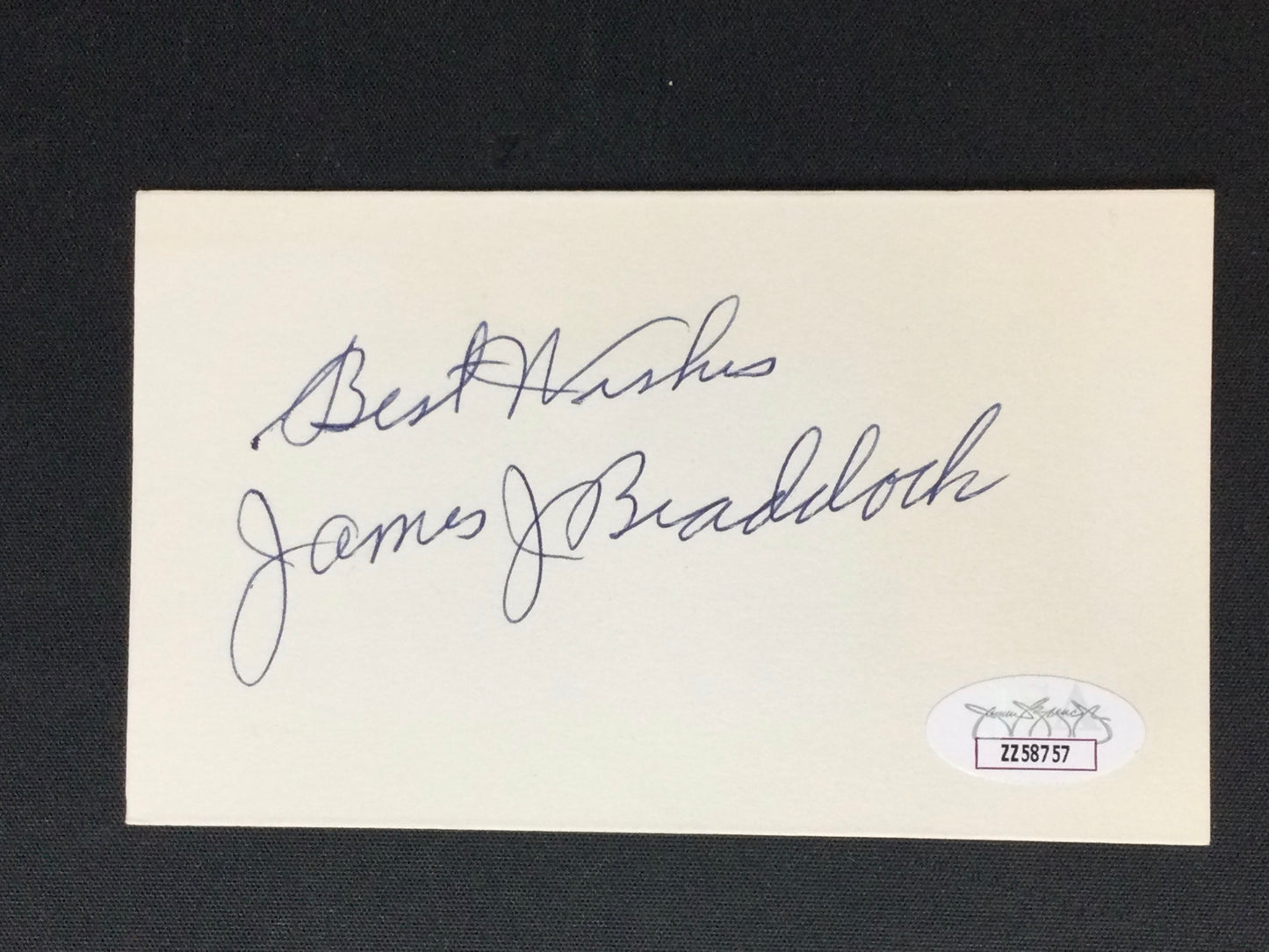 James Braddock SIGNED index "Best Wishes" Autograph JSA LOA Boxing HOF Cinderella Man
