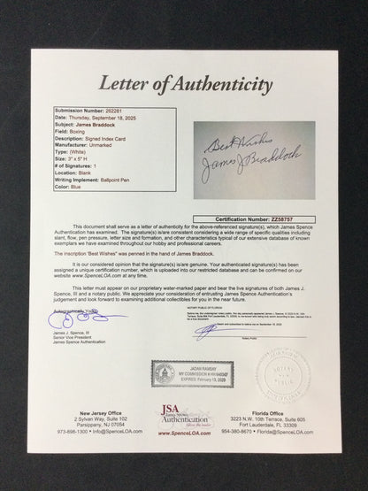 James Braddock SIGNED index "Best Wishes" Autograph JSA LOA Boxing HOF Cinderella Man