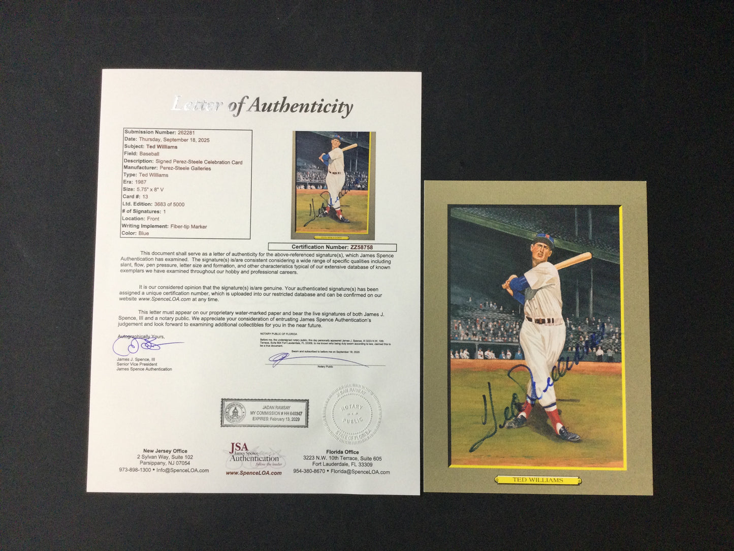 Ted Williams SIGNED Greatest Moments Perez Steele 5x8 Autograph JSA LOA Boston Red Sox HOF