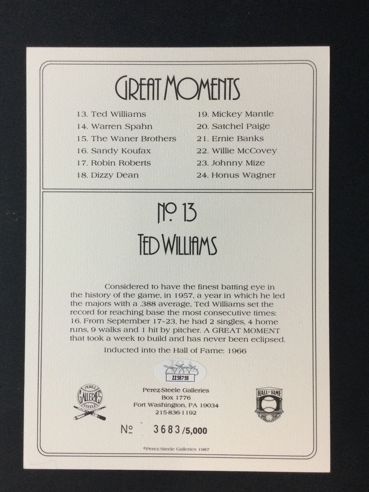 Ted Williams SIGNED Greatest Moments Perez Steele 5x8 Autograph JSA LOA Boston Red Sox HOF