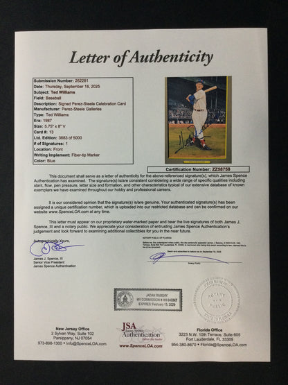 Ted Williams SIGNED Greatest Moments Perez Steele 5x8 Autograph JSA LOA Boston Red Sox HOF
