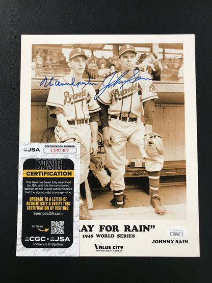 Boston Braves "Pray for Rain" Warren Spahn & Johnny Sain Dual Autograph 1948 World Series Photo