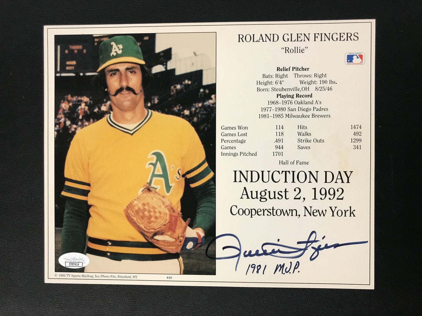 Rollie Fingers Signed 8x10 Stat Photo Oakland A's "1981 M.V.P" JSA Certified