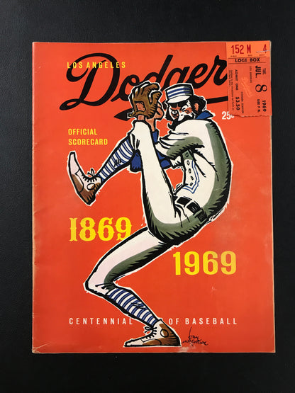 Dodgers vs. Braves 1969 Program with 7-8-69 Game Ticket Hank Aaron