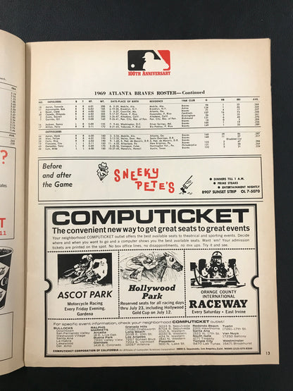 Dodgers vs. Braves 1969 Program with 7-8-69 Game Ticket Hank Aaron