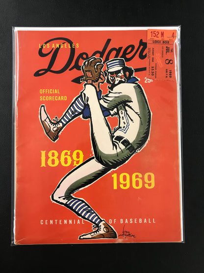 Dodgers vs. Braves 1969 Program with 7-8-69 Game Ticket Hank Aaron
