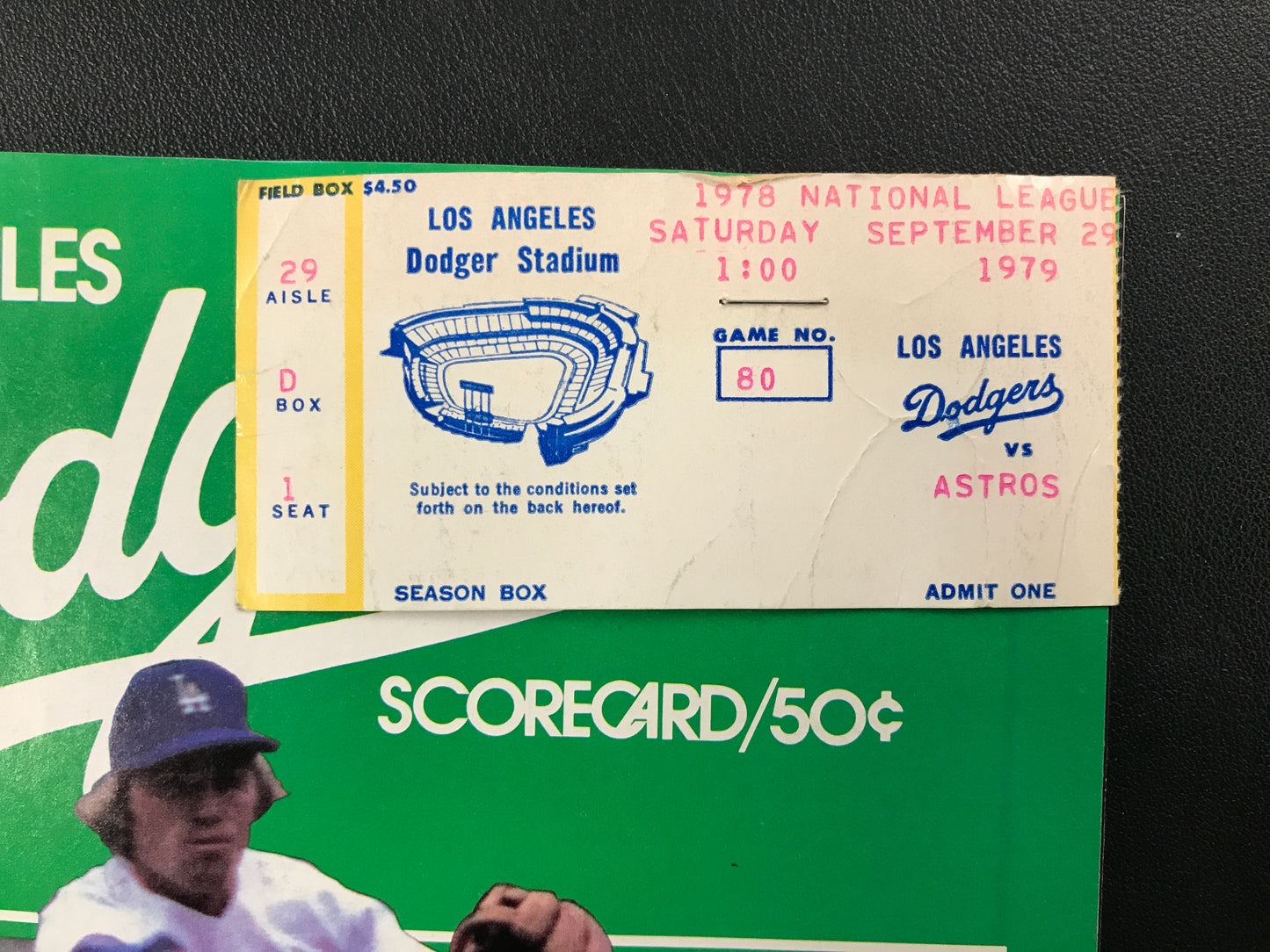Dodgers vs. Astros 1979 Program with 9-29-79 Game Ticket Manny Mota Record