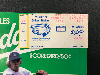 Dodgers vs. Astros 1979 Program with 9-29-79 Game Ticket Manny Mota Record