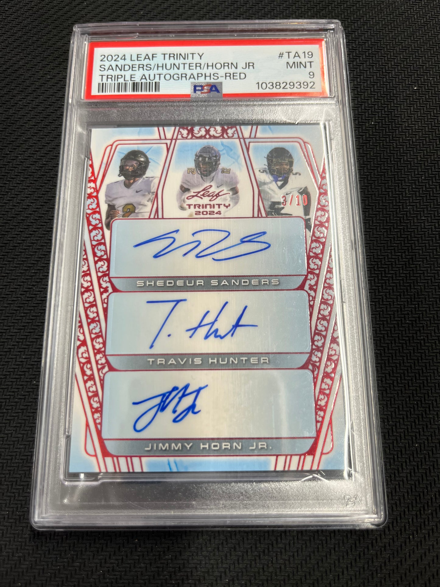 2024 Leaf Trinity Shedeur Sanders/Travis Hunter/Jimmy Horn Jr. Triple Autograph! Serial #3/10 Graded PSA 9!