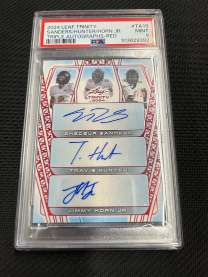 2024 Leaf Trinity Shedeur Sanders/Travis Hunter/Jimmy Horn Jr. Triple Autograph! Serial #3/10 Graded PSA 9!