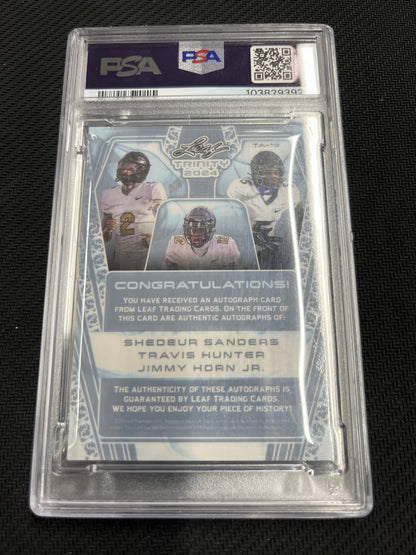 2024 Leaf Trinity Shedeur Sanders/Travis Hunter/Jimmy Horn Jr. Triple Autograph! Serial #3/10 Graded PSA 9!