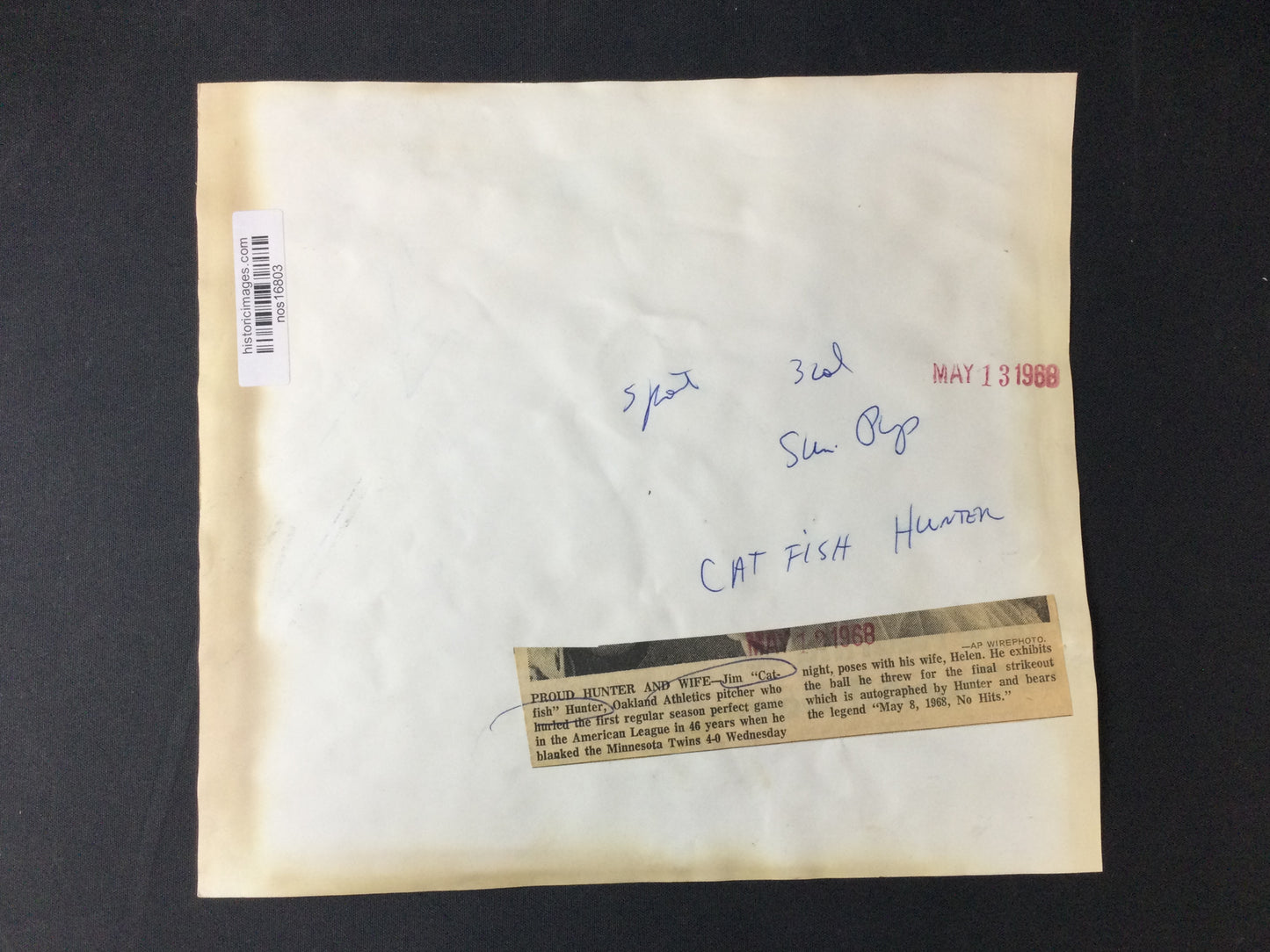 Jim "Catfish" Hunter Perfect Game Baseball Final Pitch 1968 Photo Match, 9th Perfect Game in Baseball History