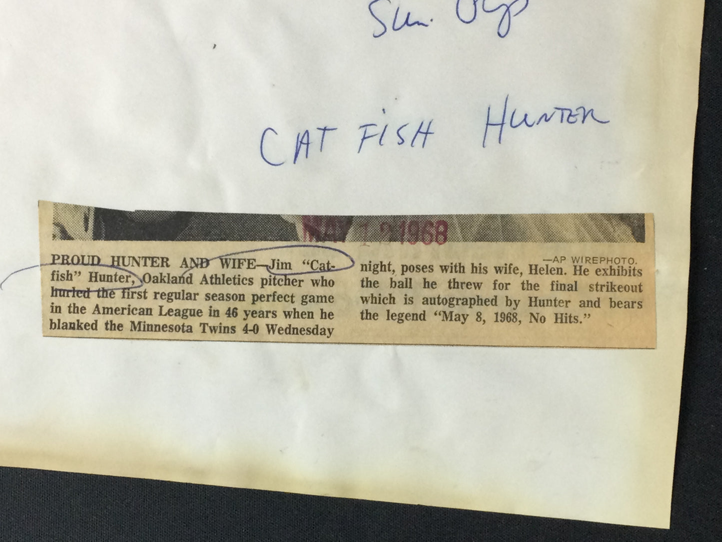 Jim "Catfish" Hunter Perfect Game Baseball Final Pitch 1968 Photo Match, 9th Perfect Game in Baseball History