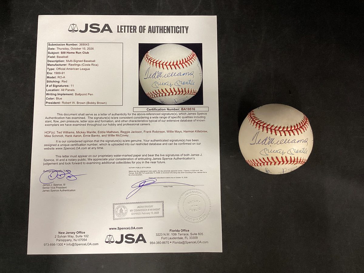 Ted Williams & Mickey Mantle in Sweet Spot 500 Home Run Club Ball JSA LOA, 11 autos HIGH GRADE