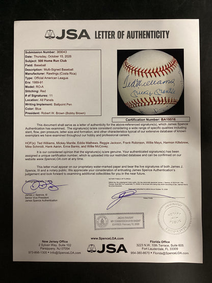 Ted Williams & Mickey Mantle in Sweet Spot 500 Home Run Club Ball JSA LOA, 11 autos HIGH GRADE