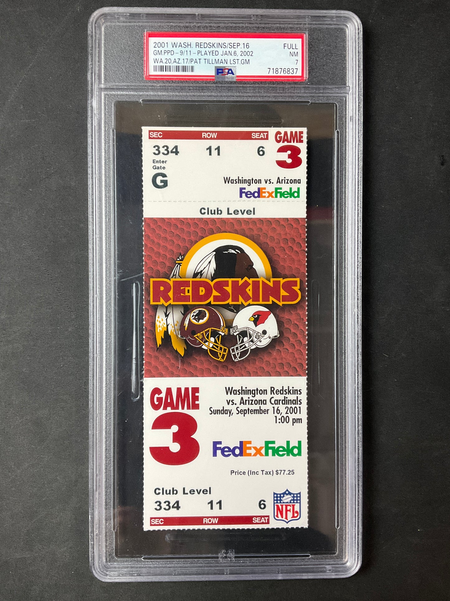 Pat Tillman PSA 7 Last Game Played Full Ticket Jan 6  Redskins vs. Cardinals