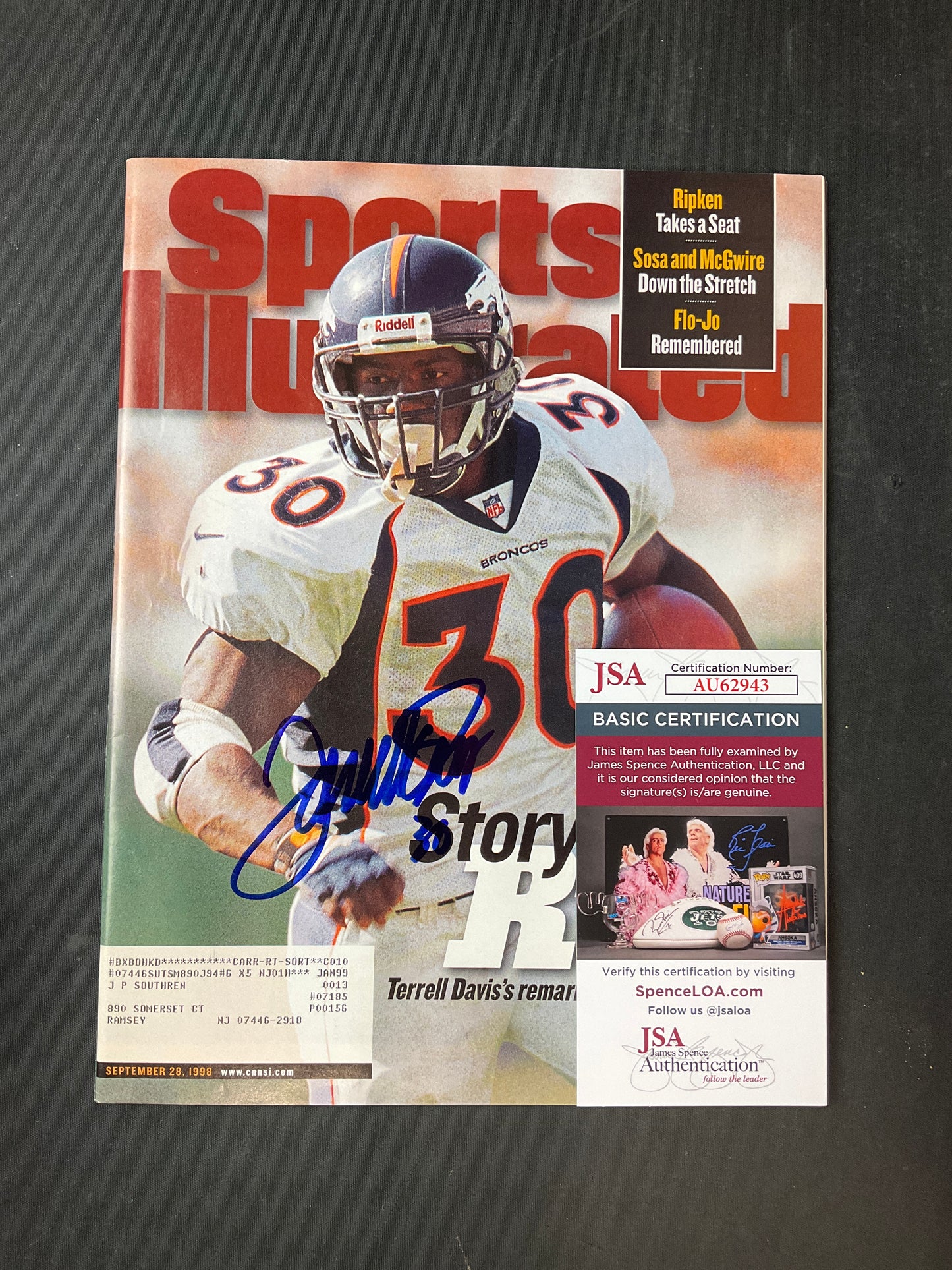 Terrell Davis Signed Sports Illustrated NFL JSA Certified Auto Denver Broncos
