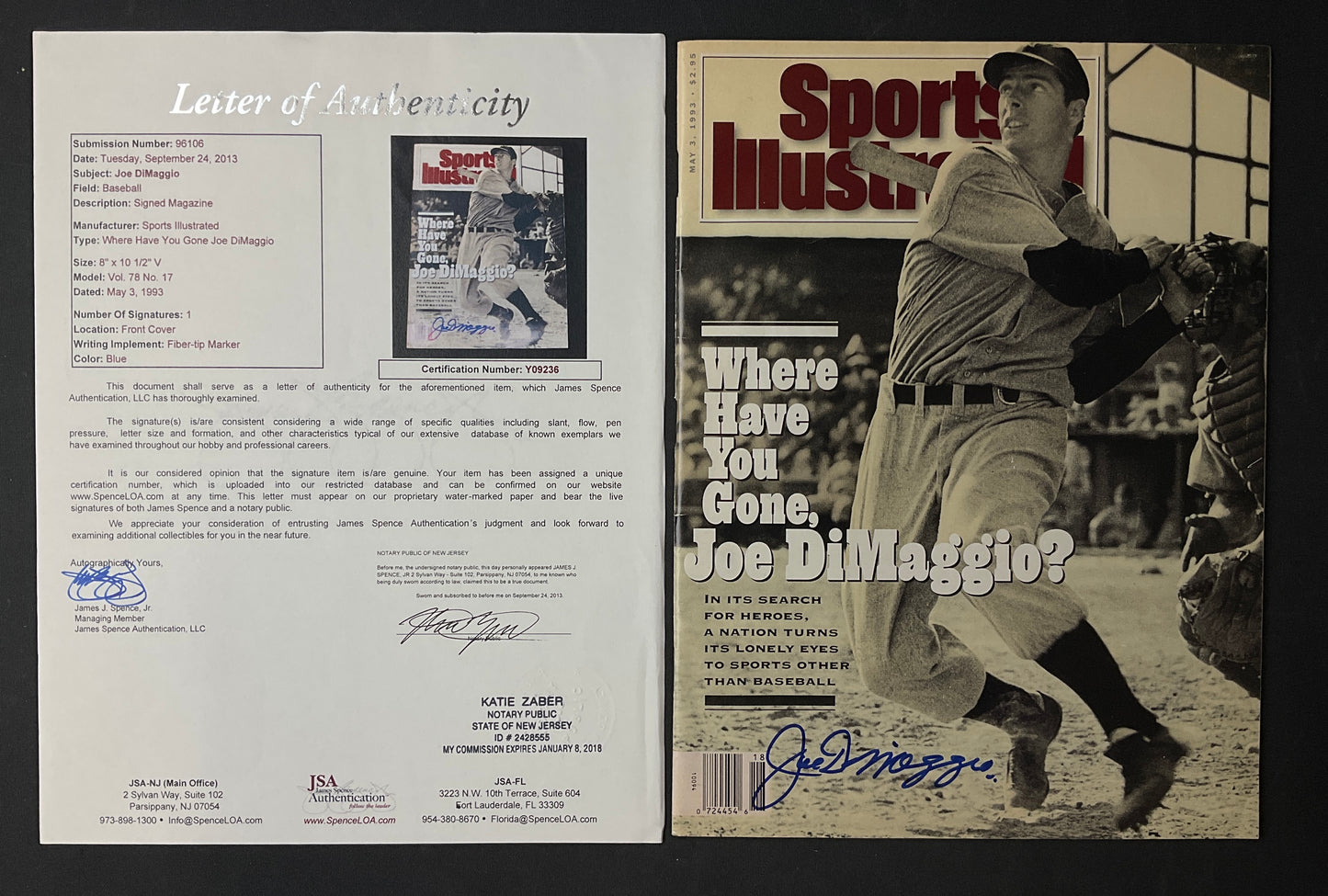 Joe DiMaggio Signed Sports Illustrated MLB JSA Certified Auto New York Yankees