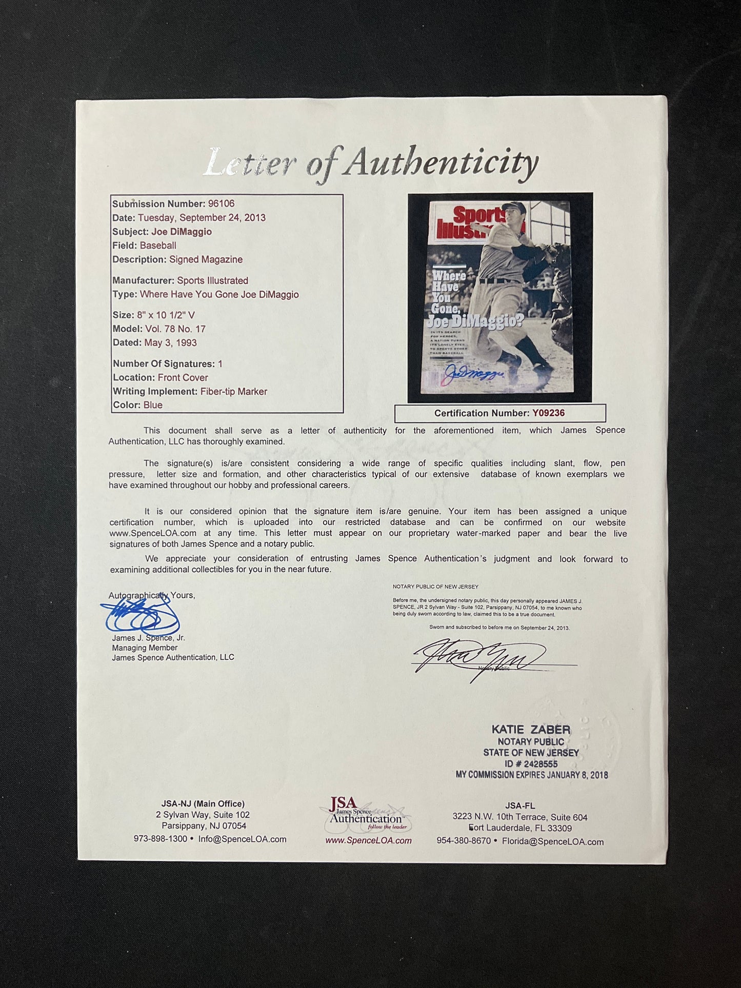 Joe DiMaggio Signed Sports Illustrated MLB JSA Certified Auto New York Yankees