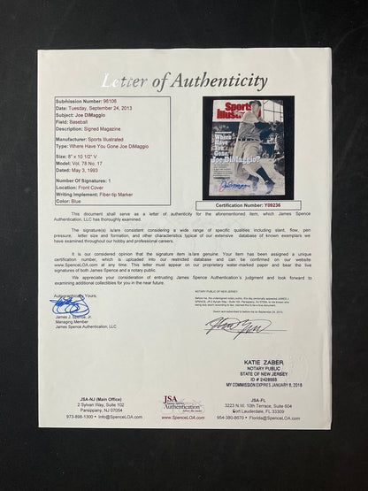 Joe DiMaggio Signed Sports Illustrated MLB JSA Certified Auto New York Yankees