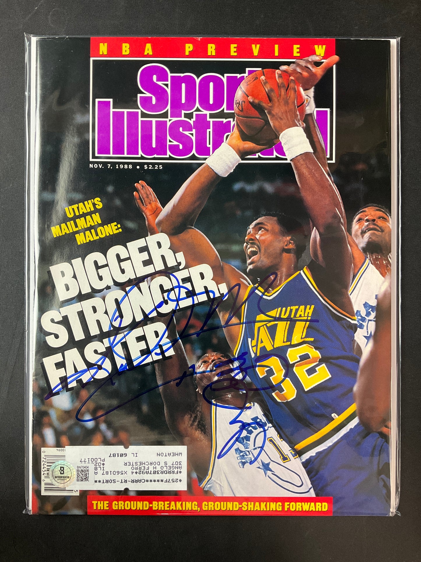 Karl Malone Sports Illustrated NBA Beckett Certified Auto Utah Jazz 1988
