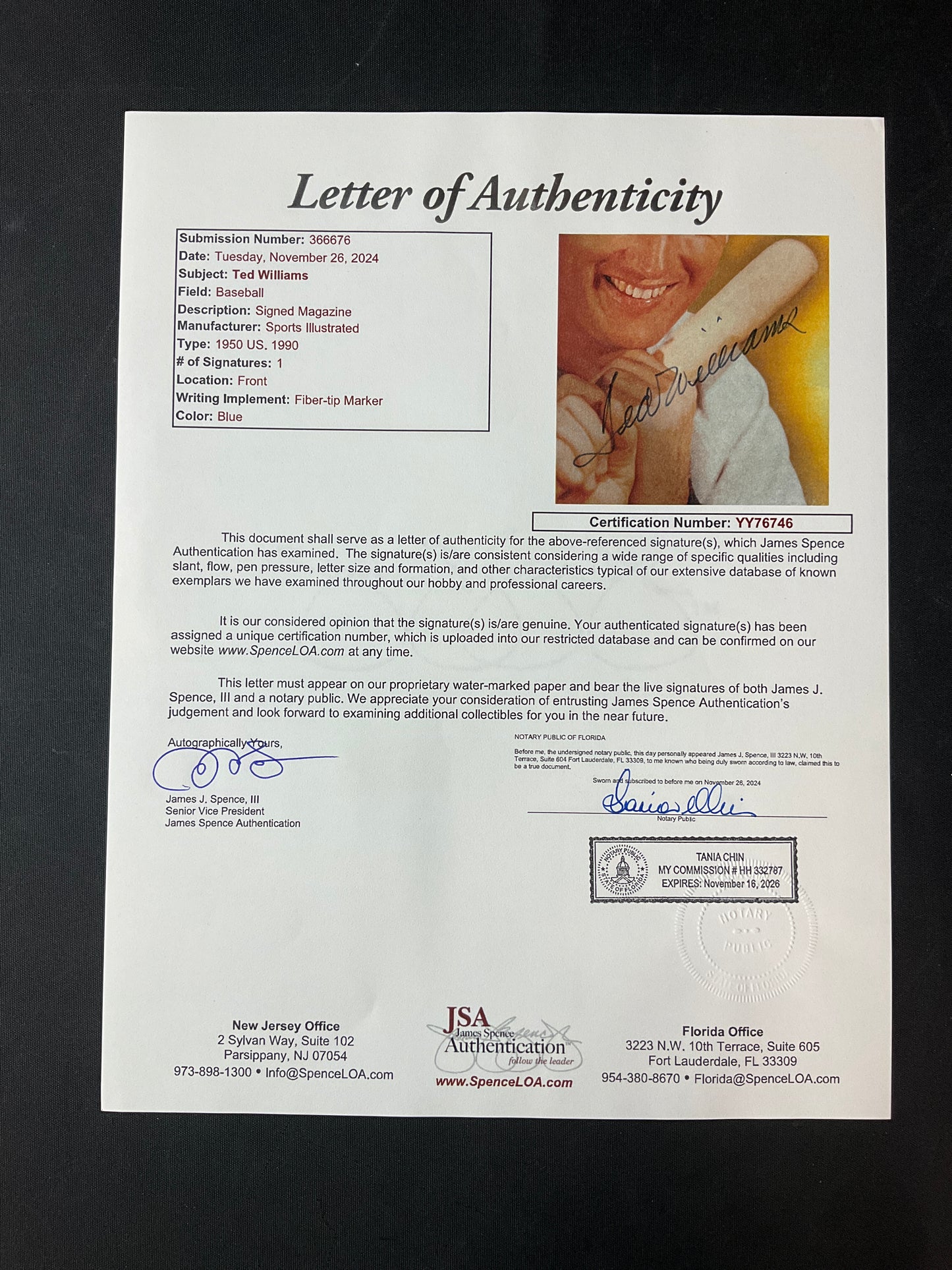 Ted Williams Sports Illustrated MLB JSA Certified Auto Boston Red Sox