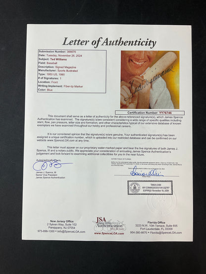 Ted Williams Sports Illustrated MLB JSA Certified Auto Boston Red Sox