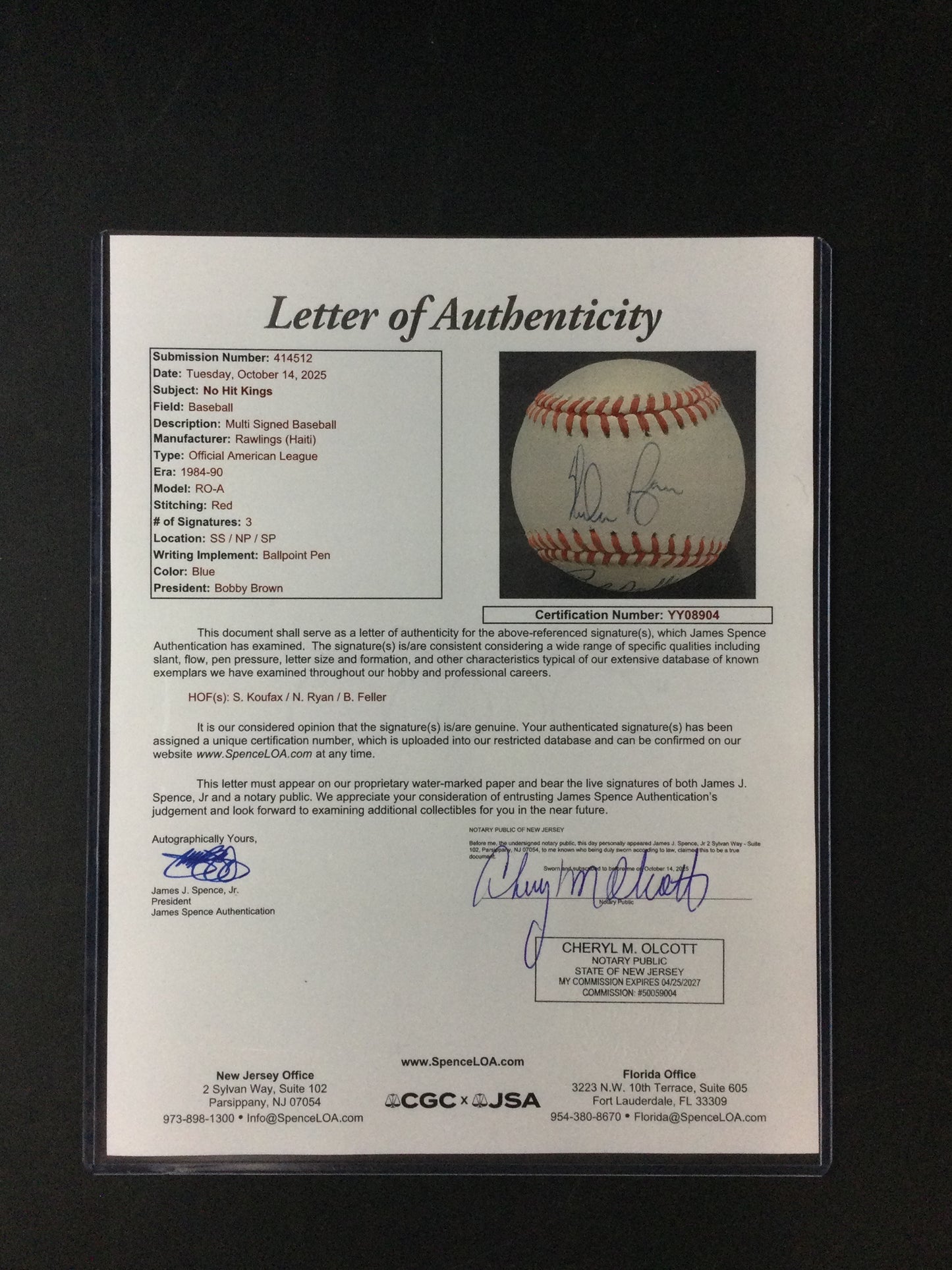 No Hit Kings SIGNED Baseball Sandy Koufax, Nolan Ryan, Bob Feller JSA LOA