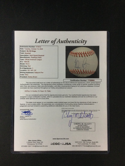 No Hit Kings SIGNED Baseball Sandy Koufax, Nolan Ryan, Bob Feller JSA LOA