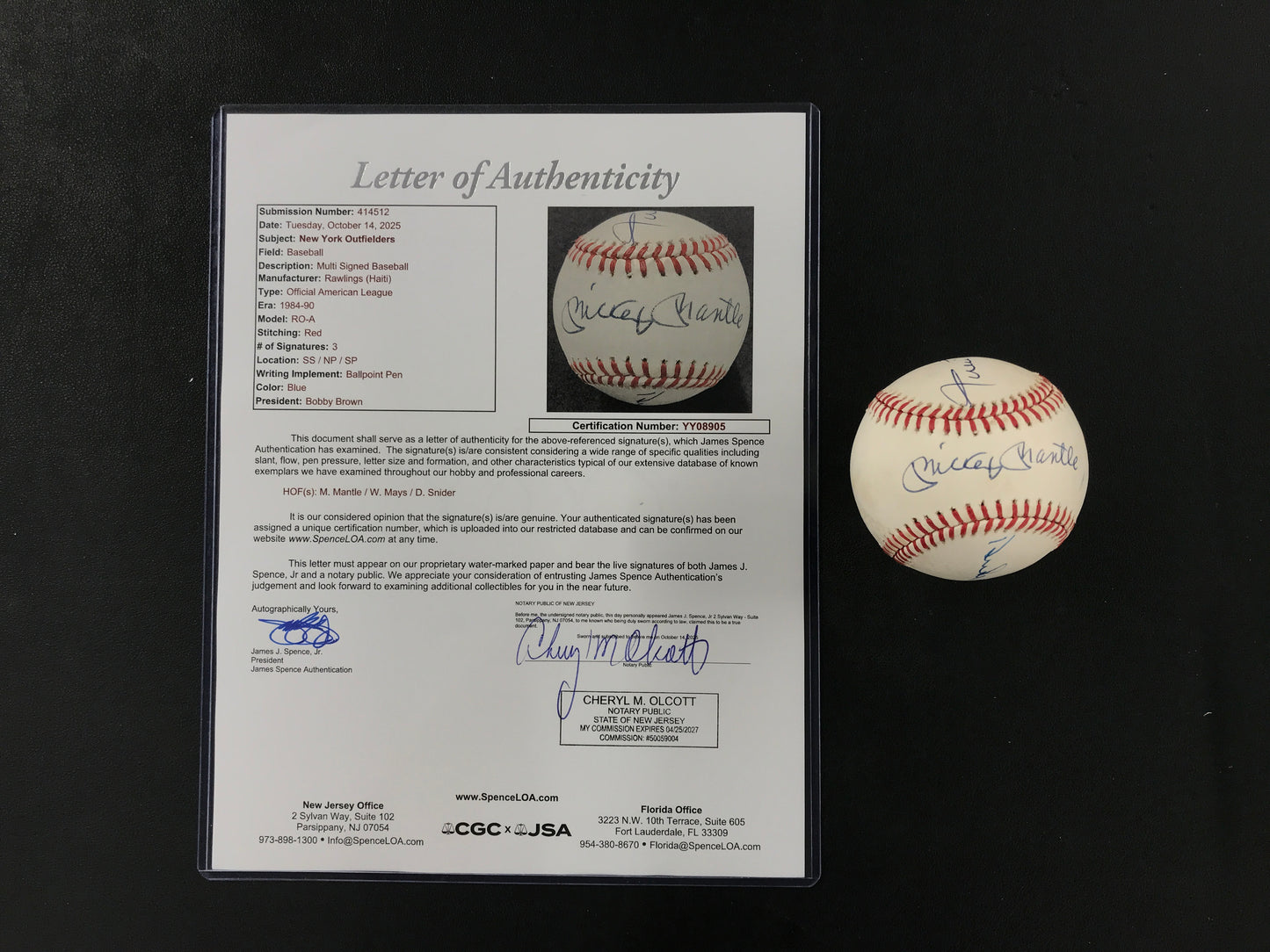 New York Centerfielders SIGNED Baseball Mickey Mantle, Willie Mays & Duke Snider Baseball JSA LOA
