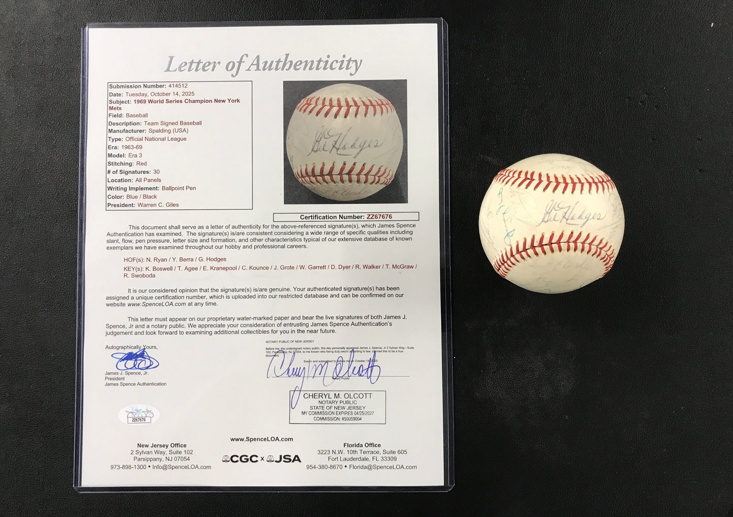 1969 New York Mets Team Signed Spalding Baseball Gil Hodges, Nolan Ryan, Berra, etc JSA LOA