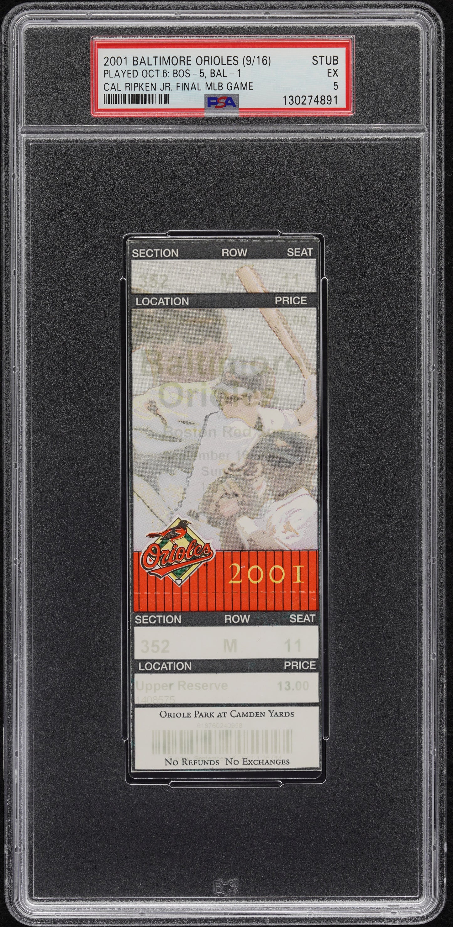 Cal Ripken Jr. Last Game Played Ticket Oct 6 2001 PSA 5 Rare! Baltimore Orioles