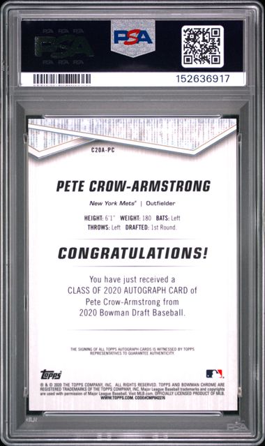Pete Crow-Armstrong Class of 2020 Bowman Draft PSA 10 AUTO /250 GEM