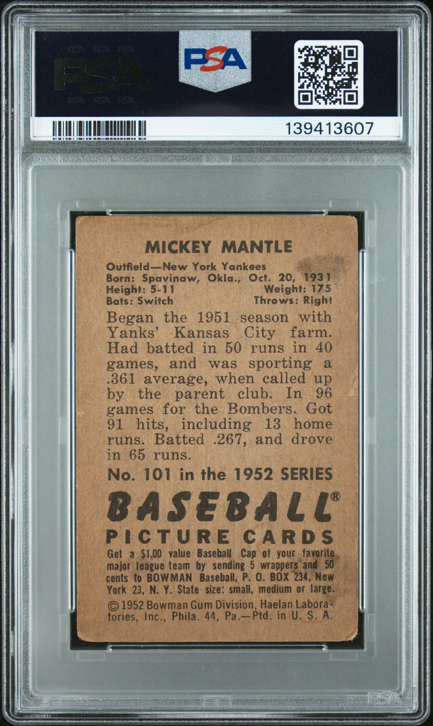 Mickey Mantle 1952 Bowman #101 PSA 1 New York Yankees 2nd YR