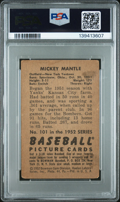 Mickey Mantle 1952 Bowman #101 PSA 1 New York Yankees 2nd YR