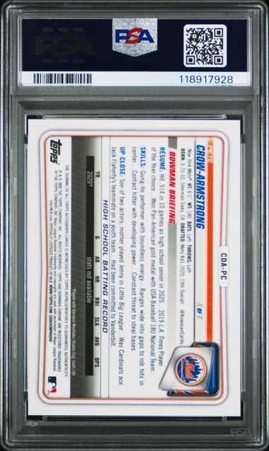 Pete Crow-Armstrong 2020 PSA 9 1st Bowman Auto /250 Purple Refractor