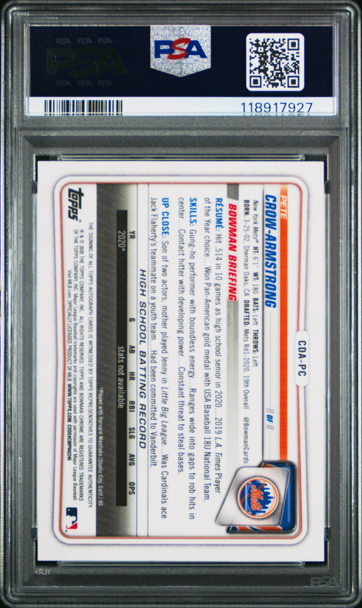 Pete Crow-Armstrong Purple Refractor PSA 10 /250 1st Bowman AUTO