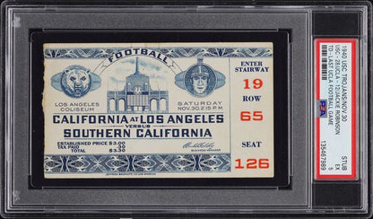 Jackie Robinson 1940 UCLA Last Game Played/TD Scored Ticket PSA 5 only 1 graded higher!