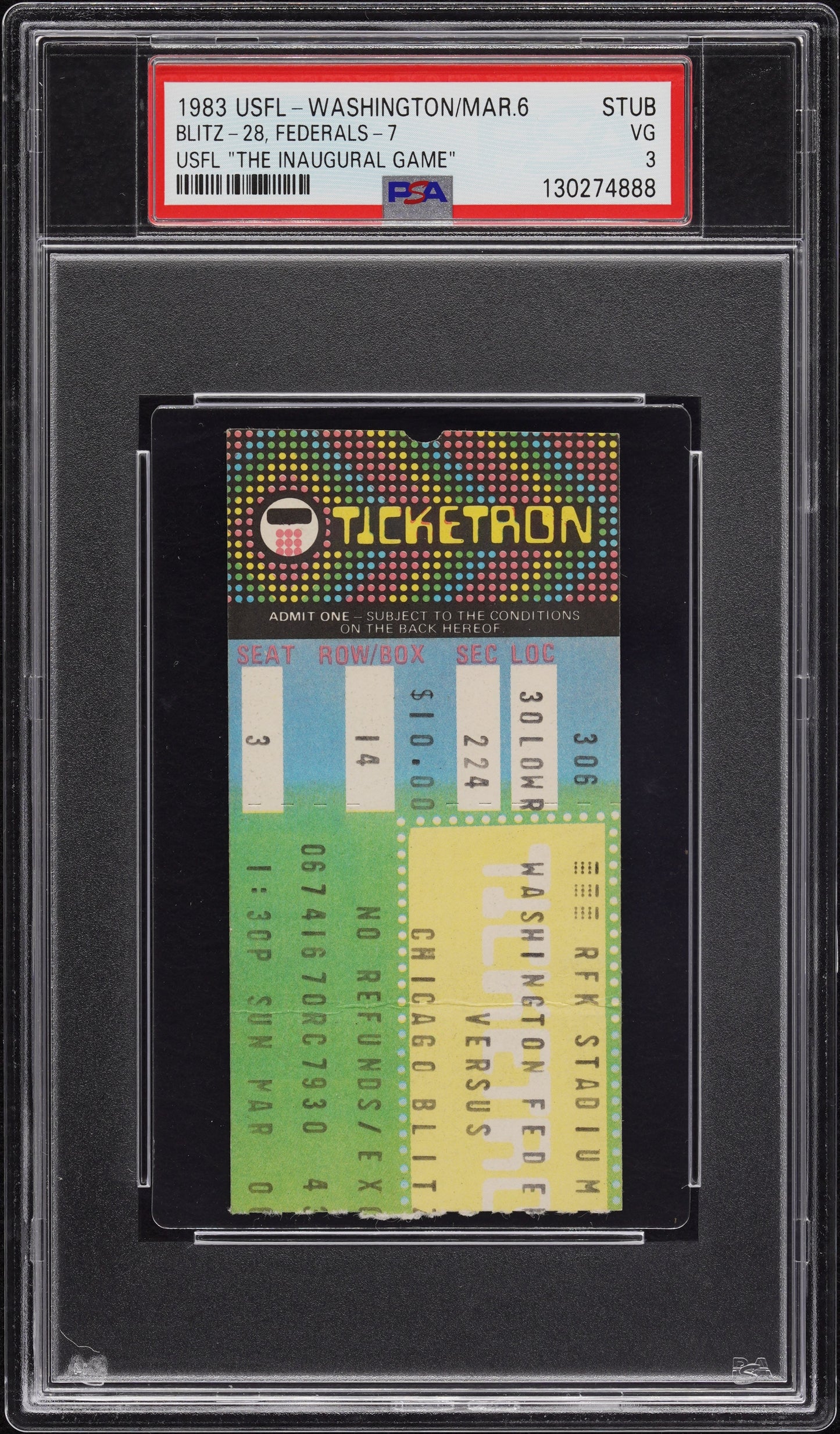 1983 First Inaugural USFL Ticket Blitz v. Federals Graded PSA 3 RFK Stadium